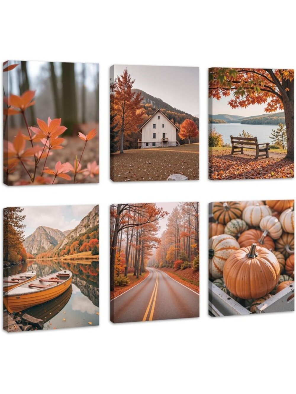 Rustic Autumn Canvas Wall Art Set - 6Pcs Pumpkin Maple Leaf Decor for Home